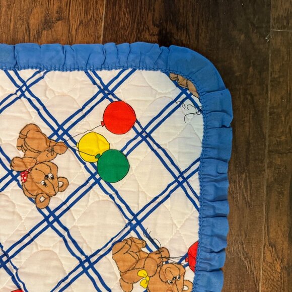 Baby Quilt WithTeddy Bears Colorful Balloons Hand-Stitched Blue Border 36" x 28" - Picture 2 of 8